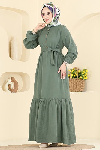 moda selvim الفستان أخضر باهت 122NZRK1200 - Thumbnail
