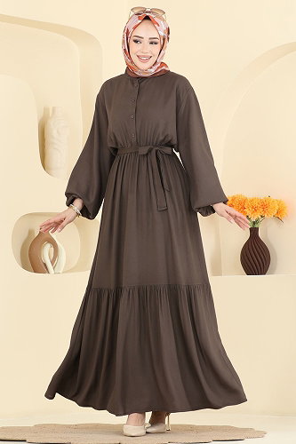 moda selvim الفستان بني 125NZRK1200 - Thumbnail
