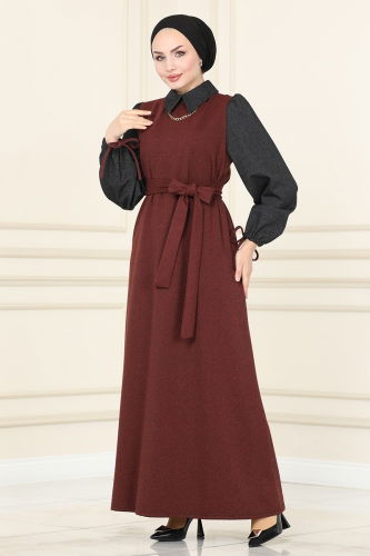 moda selvim Dress 126DVL817 Cinnamon & Anthracite - Thumbnail