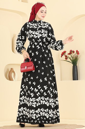 moda selvim الفستان اسود سكري 146NZRK1200 - Thumbnail