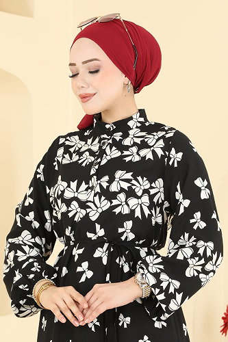 moda selvim الفستان اسود سكري 146NZRK1200 - Thumbnail