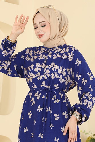 moda selvim الفستان نيلي وبيج 146NZRK1200 - Thumbnail