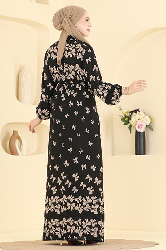 moda selvim الفستان بيج وأسود 146NZRK1200 - Thumbnail