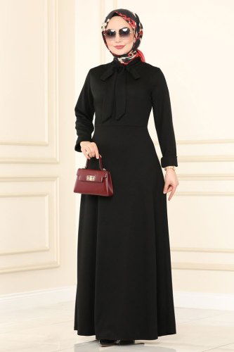 moda selvim 1503UKB139 اسود فستان - Thumbnail