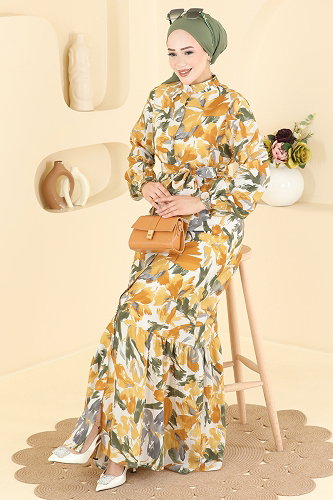 moda selvim الفستان خردلي 158NZRK1200 - Thumbnail