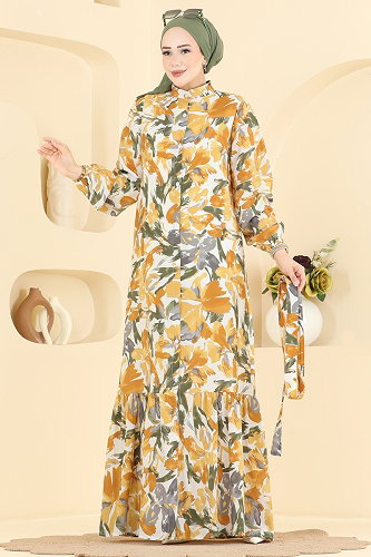 moda selvim الفستان خردلي 158NZRK1200 - Thumbnail