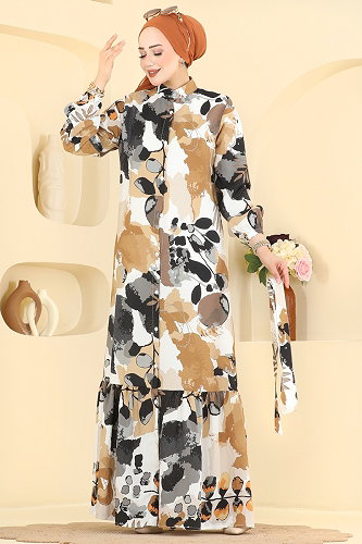 moda selvim الفستان بني 160NZRK1200 - Thumbnail