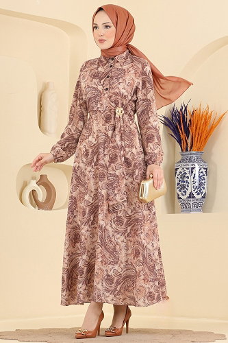 moda selvim الفستان بني 164NZRK1200 - Thumbnail