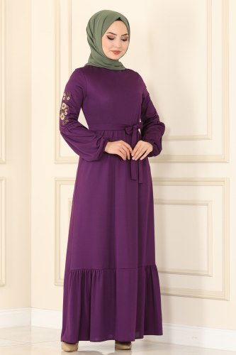 moda selvim 1660SH396 بنفسجي فستان - Thumbnail