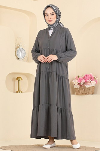 moda selvim الفستان رمادي غامق 183NZRK1200 - Thumbnail