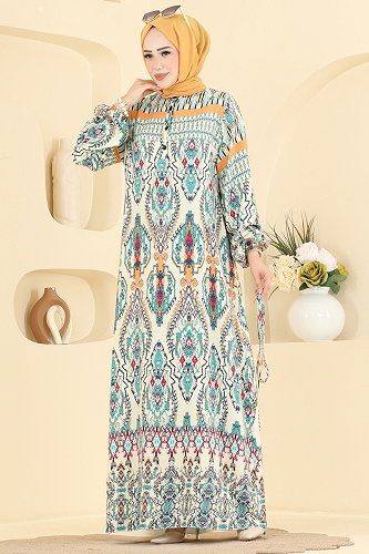 moda selvim الفستان كريمي 186NZRK1200 - Thumbnail