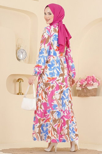 moda selvim الفستان فوشي 187NZRK1200 - Thumbnail