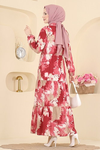 moda selvim Dress 188NZRK1200 Pattern 1 Burgundy - Thumbnail