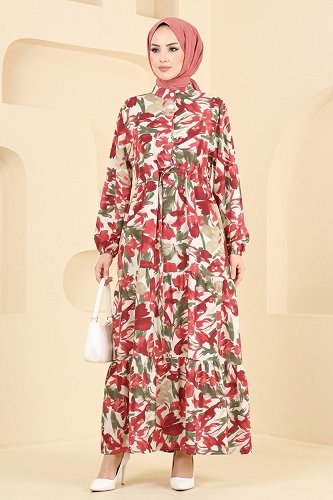 moda selvim Dress 188NZRK1200 Pattern 2 Burgundy - Thumbnail