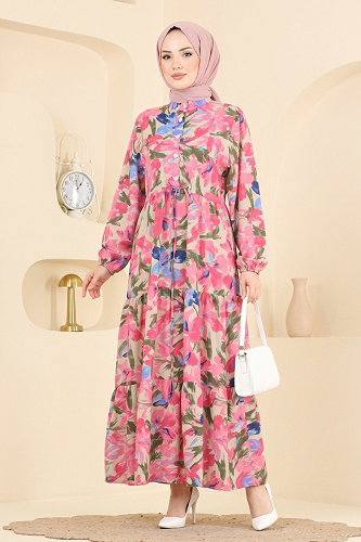 moda selvim Dress 188NZRK1200 Pattern 2 Pink - Thumbnail