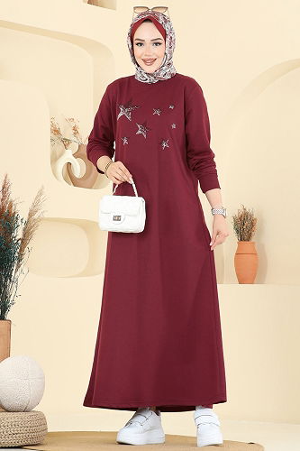 moda selvim Dress 201OZN1046 Burgundy - Thumbnail