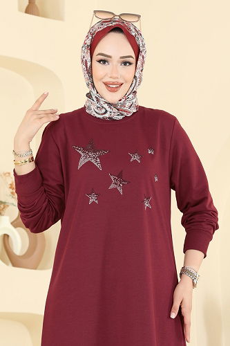 moda selvim Dress 201OZN1046 Burgundy - Thumbnail