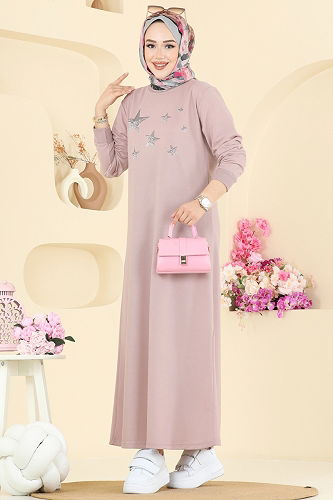 moda selvim الفستان بيج وردي 201OZN1046 - Thumbnail