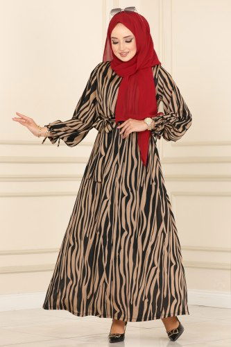 moda selvim 2023PM271 زيبرا فيزون فستان - Thumbnail