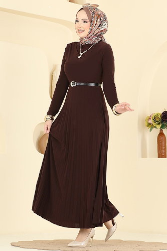 moda selvim الفستان بني 2025MP806 - Thumbnail
