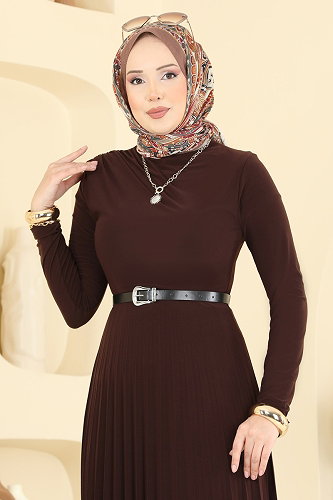 moda selvim الفستان بني 2025MP806 - Thumbnail