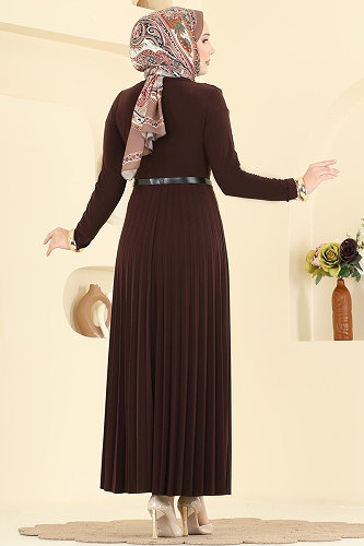 moda selvim الفستان بني 2025MP806 - Thumbnail
