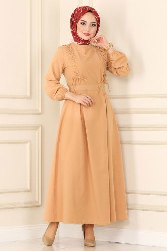 moda selvim Dress 2027KTR750 Latte - Thumbnail