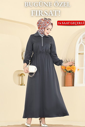 moda selvim الفستان رمادي غامق 2029FON792 - Thumbnail