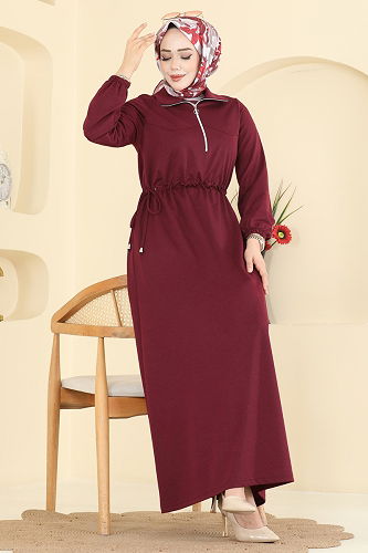 moda selvim Dress 2029FON792 Burgundy - Thumbnail