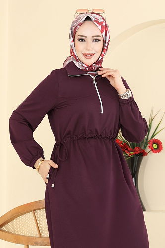 moda selvim Dress 2029FON792 Damson - Thumbnail