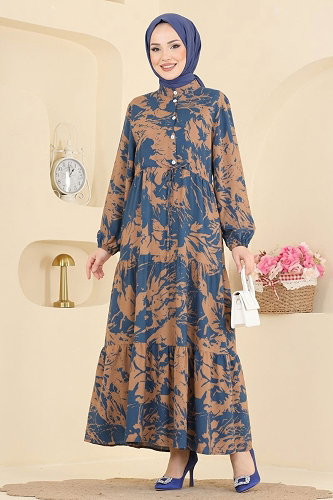 moda selvim Dress 202NZRK1200 Beige&Navy Blue - Thumbnail