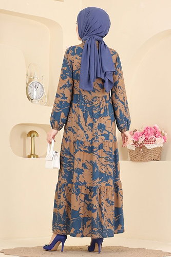 moda selvim Dress 202NZRK1200 Beige&Navy Blue - Thumbnail