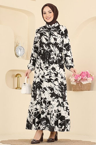 moda selvim Dress 202NZRK1200 Black&Ecru - Thumbnail