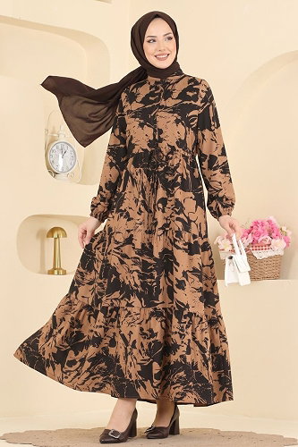 moda selvim الفستان بيج وأسود 202NZRK1200 - Thumbnail