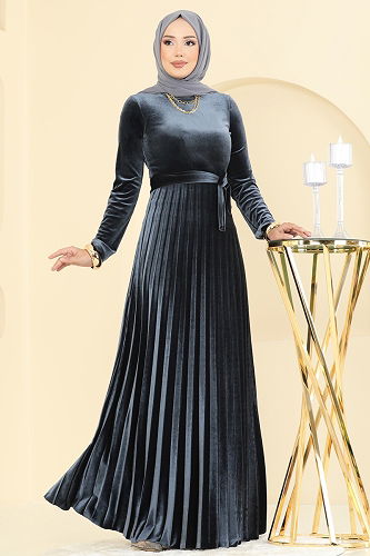 moda selvim الفستان رمادي غامق 2047MEY846 - Thumbnail