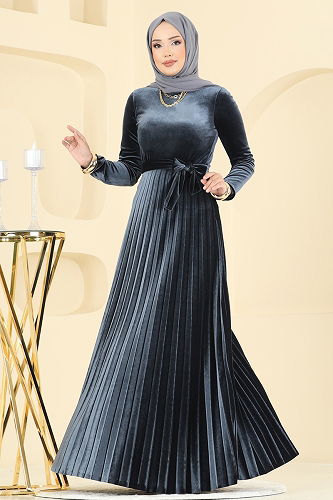 moda selvim الفستان رمادي غامق 2047MEY846 - Thumbnail