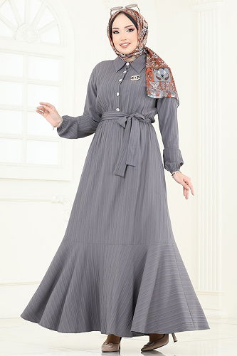 moda selvim الفستان رمادي غامق 2065PM271 - Thumbnail