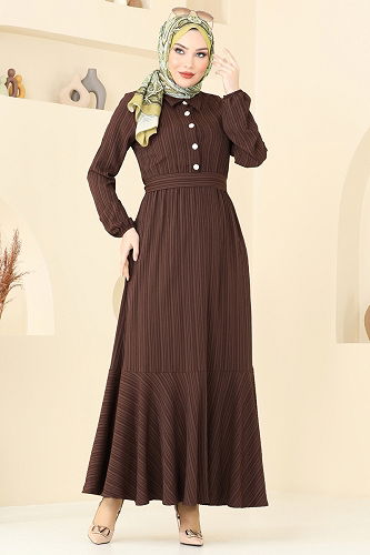 moda selvim الفستان بني غامق 2065PM271 - Thumbnail