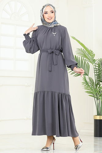 moda selvim الفستان رمادي غامق 2068MP806 - Thumbnail