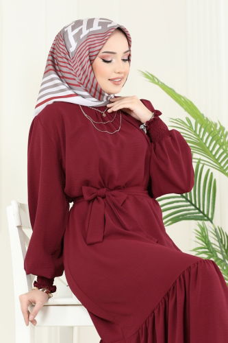 moda selvim Dress 2068MP806 Burgundy - Thumbnail