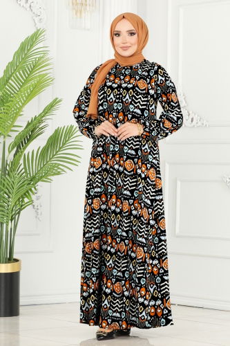 moda selvim Dress 2089PM271 Black & Orange - Thumbnail