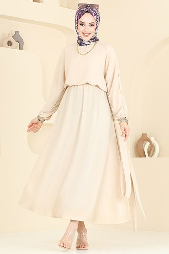 moda selvim الفستان بيج 2100MP806 - Thumbnail