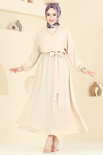 moda selvim الفستان بيج 2100MP806 - Thumbnail