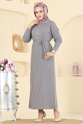 moda selvim الفستان رمادي 211440TPK1167 - Thumbnail