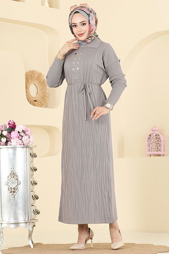 moda selvim الفستان رمادي فاتح 211440TPK1167 - Thumbnail