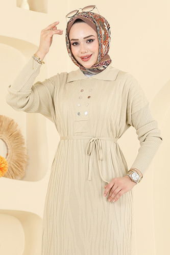 moda selvim Dress 211440TPK1167 Stone - Thumbnail