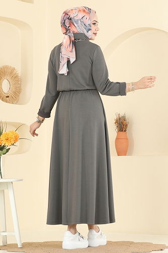 moda selvim الفستان رمادي غامق 21201MPR1163 - Thumbnail