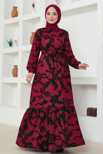 moda selvim Dress 216DVL817 Burgundy - Thumbnail