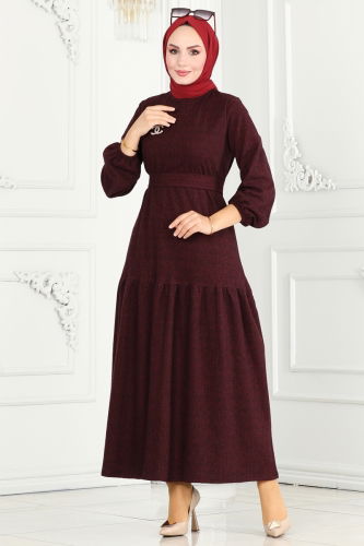 moda selvim Dress 22001UKB139 Burgundy - Thumbnail