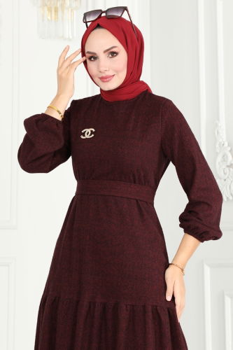 moda selvim Dress 22001UKB139 Burgundy - Thumbnail